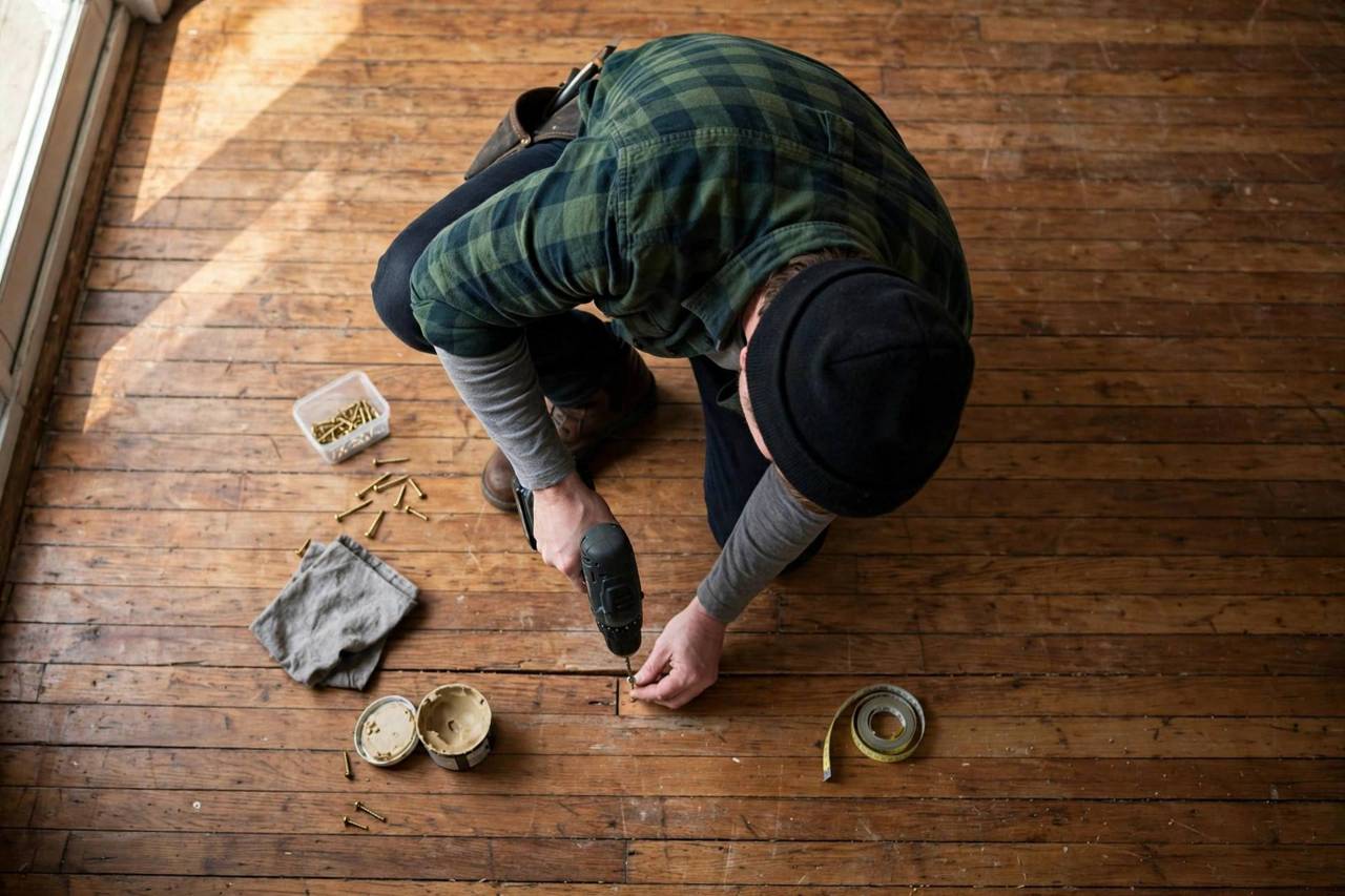Person fixing a squeaky wooden floor from above