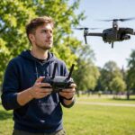 Beginner learning how to fly a drone with a controller in a park
