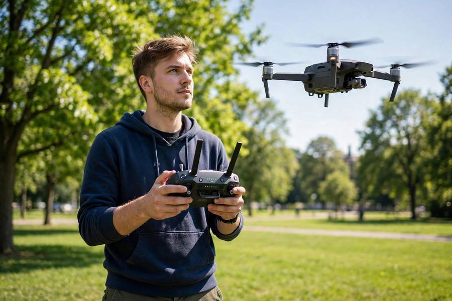 Beginner learning how to fly a drone with a controller in a park