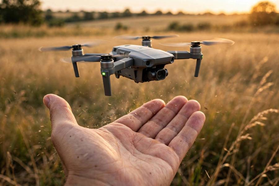 Drone taking off from hand demonstrating how to fly a drone for beginners