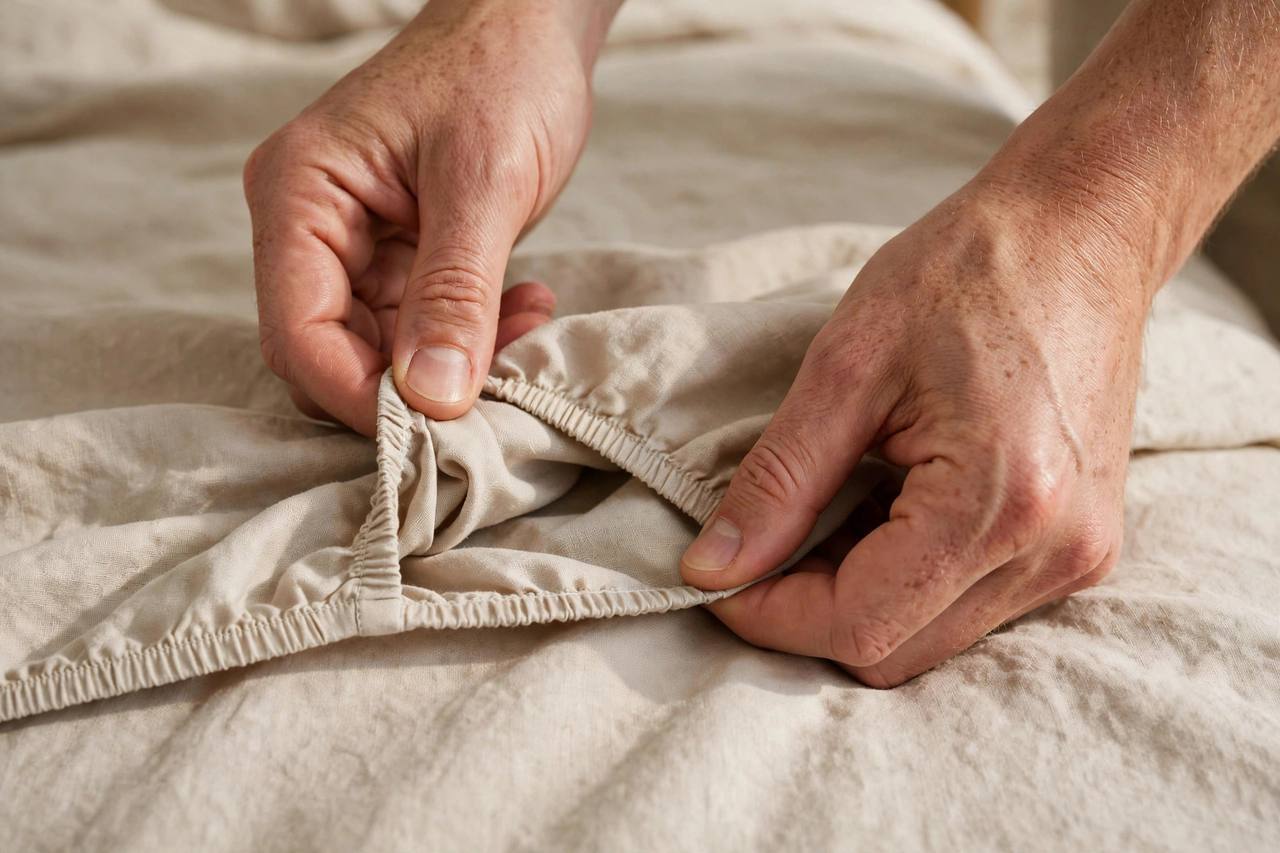 Close-up of hands tucking one elastic corner of a fitted sheet inside another corner on a bed