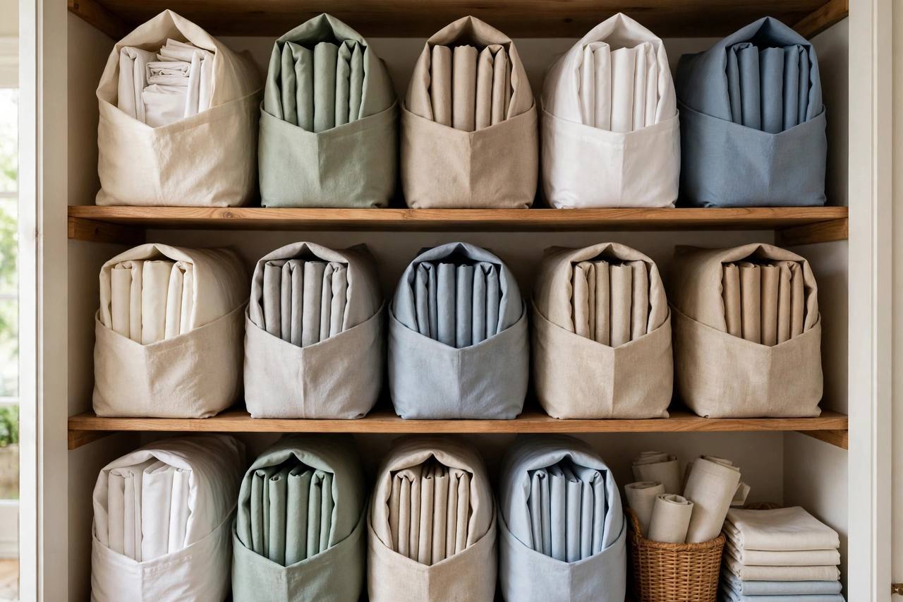 Neatly folded sheet sets stored upright inside pillowcases on organized linen closet shelves