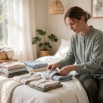 How to Fold Clothes to Save Closet Space: File Fold vs Roll vs KonMari Woman in a modest blouse neatly file-folding clothes on a bed in a bright bedroom