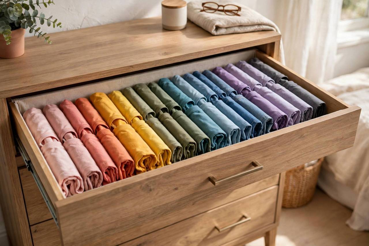 Open dresser drawer with t-shirts file-folded upright in neat colorful rows, KonMari style organization