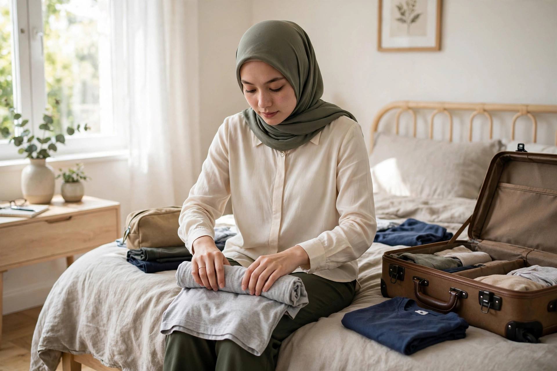 Woman in a modest long-sleeve top rolling a t-shirt tightly on a bed for packing a suitcase