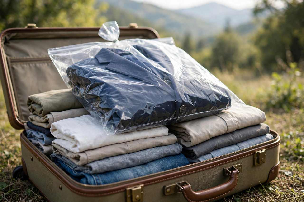 Folded suit jacket tucked inside a clear dry-cleaning bag placed on top of packed clothes in a suitcase
