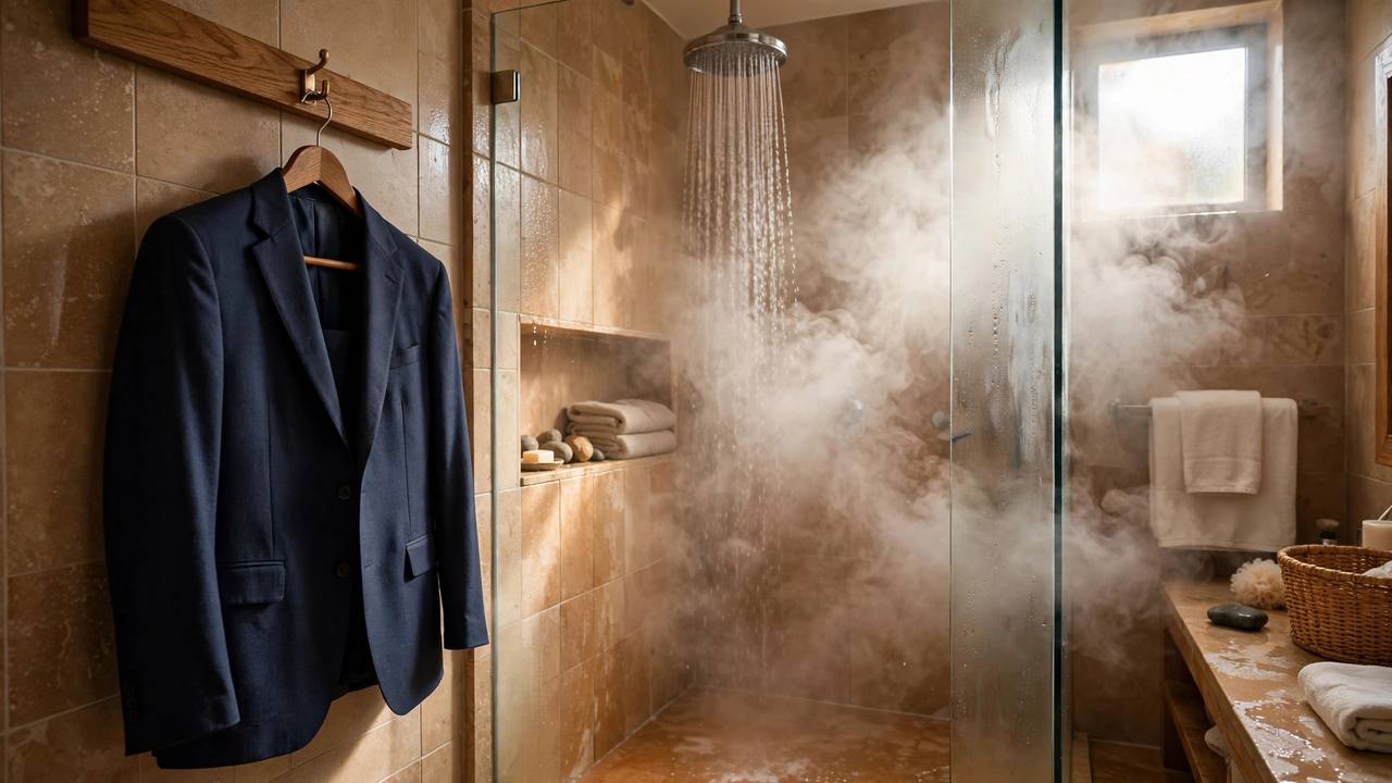 A suit jacket hanging on a hanger in a steamy hotel bathroom next to a running shower