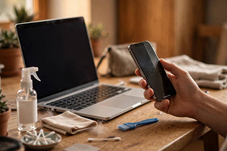 Hand holding iPhone with storage almost full warning next to a laptop