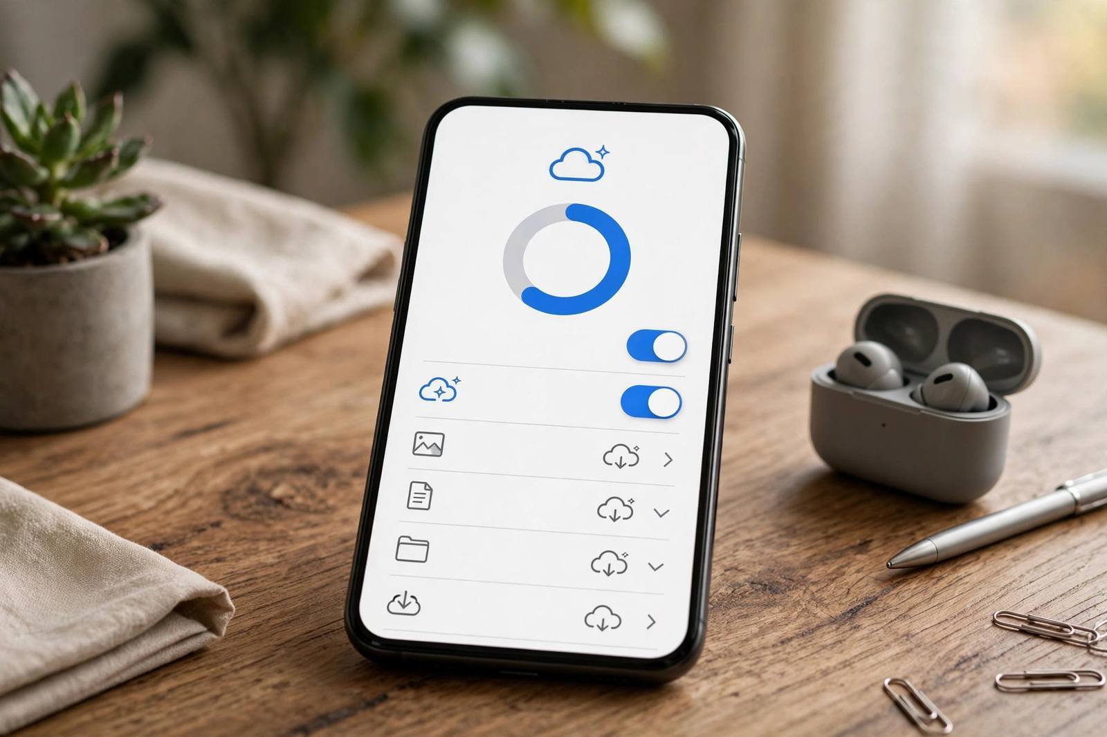 iPhone displaying iCloud settings with optimize storage option on a desk