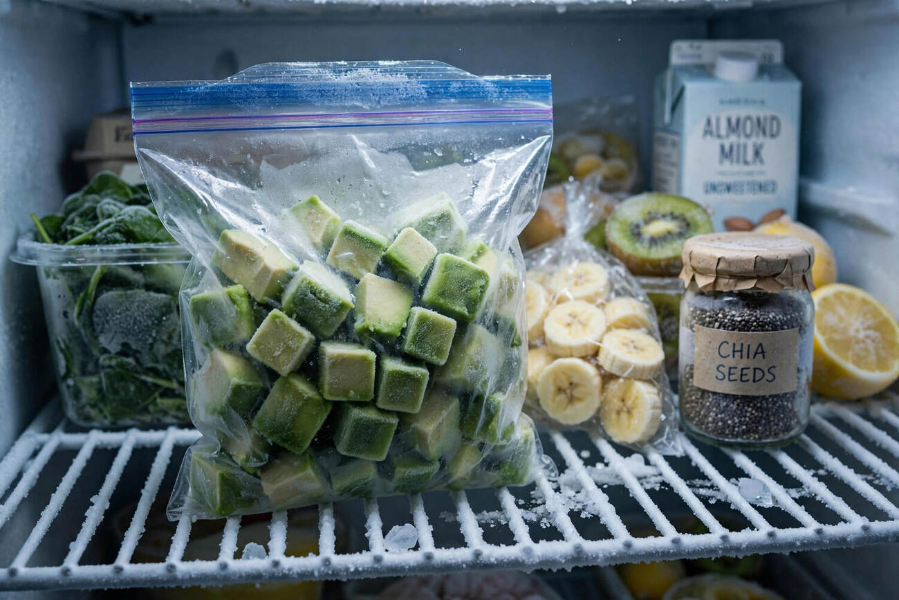 Frozen avocado cubes in a freezer bag ready for smoothies
