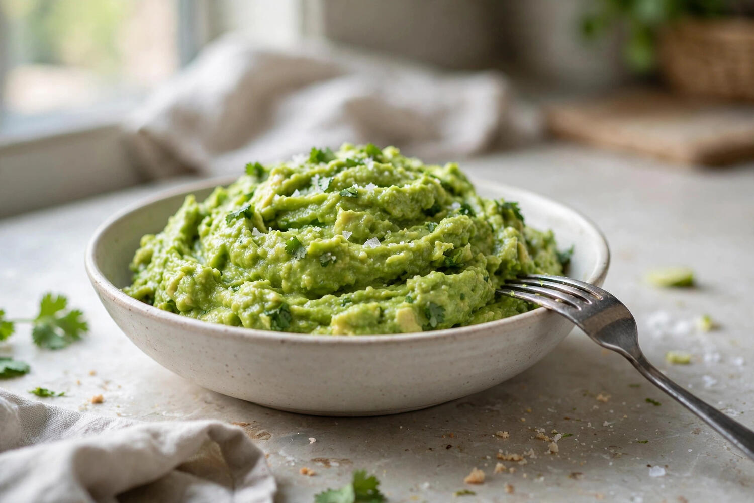 Thawed avocado mash in a bowl staying bright green
