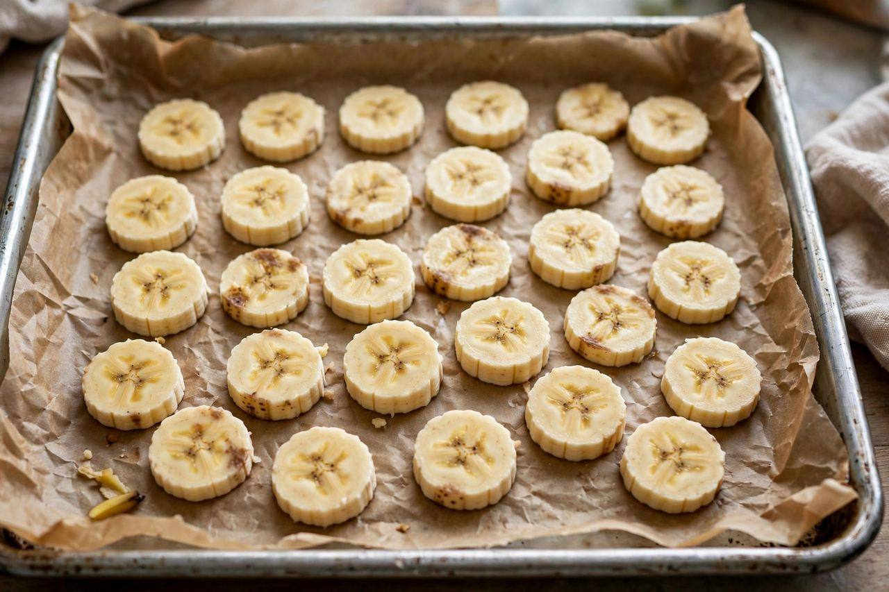Banana slices arranged in a single layer on a parchment-lined baking sheet, ready for flash-freezing