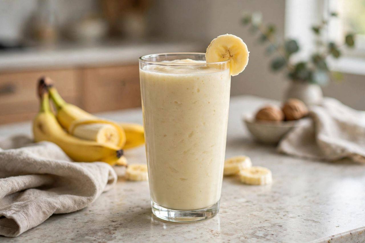 A tall glass of creamy banana smoothie topped with a banana slice on a kitchen counter