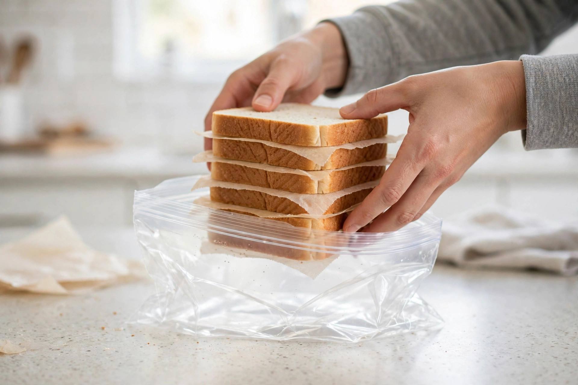 Sliced sandwich bread separated with parchment paper being placed into a freezer bag