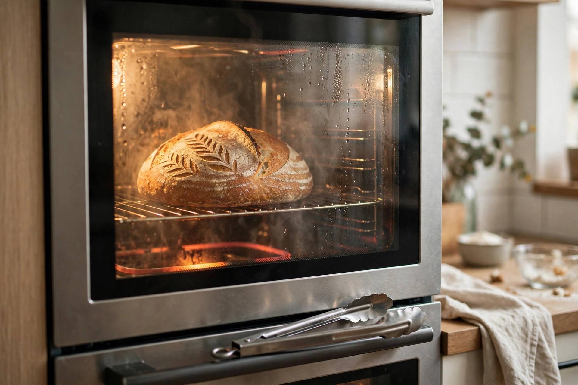 A thawed artisan sourdough loaf being refreshed in an oven with tongs