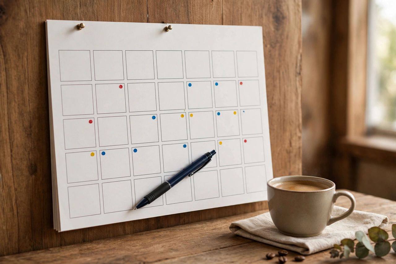 A wall calendar with a pen resting on it beside a cup of coffee — tracking filing deadlines and waiting periods