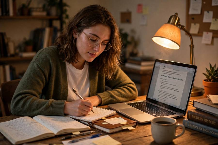 Adult student preparing for how to get a GED at a home study desk