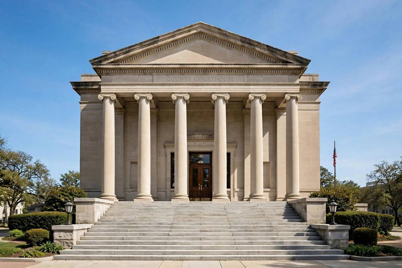 A courthouse entrance with stone columns and steps in daylight