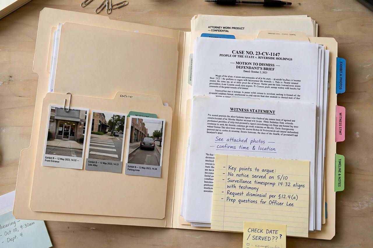 An organized folder of printed documents, photos, and notes prepared for a court hearing