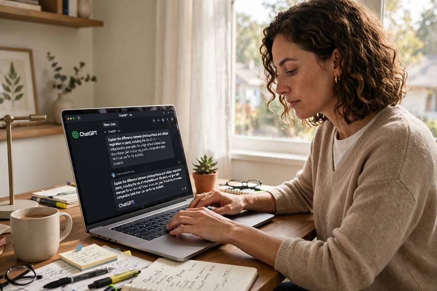 A person writing a detailed prompt for ChatGPT on a laptop