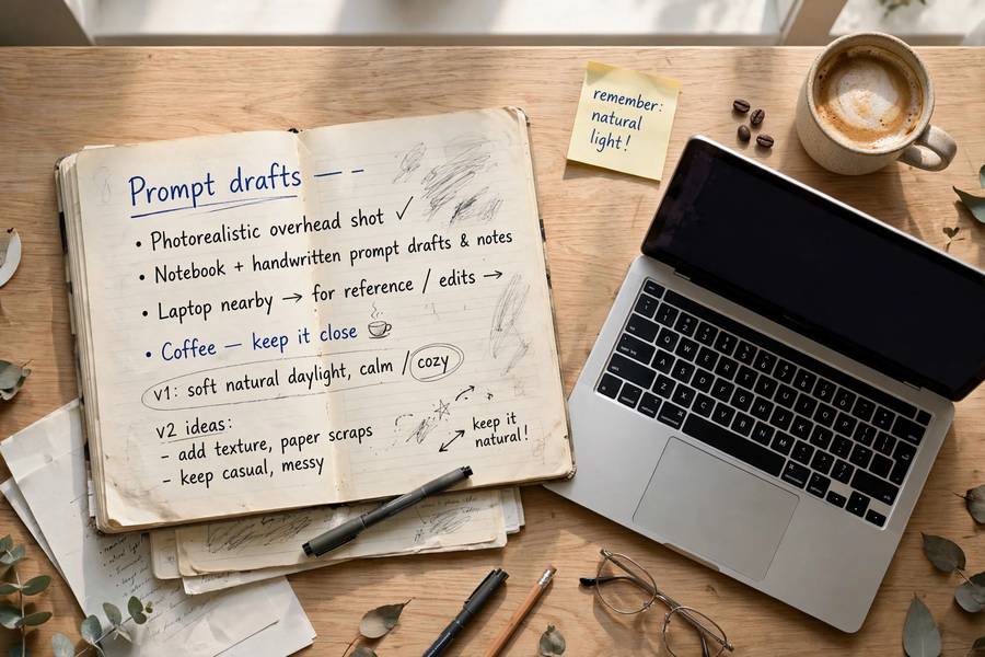 Handwritten prompt drafts and notes beside a laptop