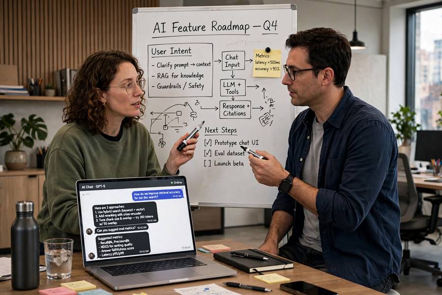 Two people refining a prompt together on a laptop