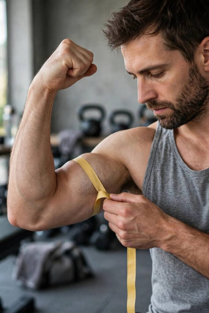 Man measuring his bicep growth with a tape measure