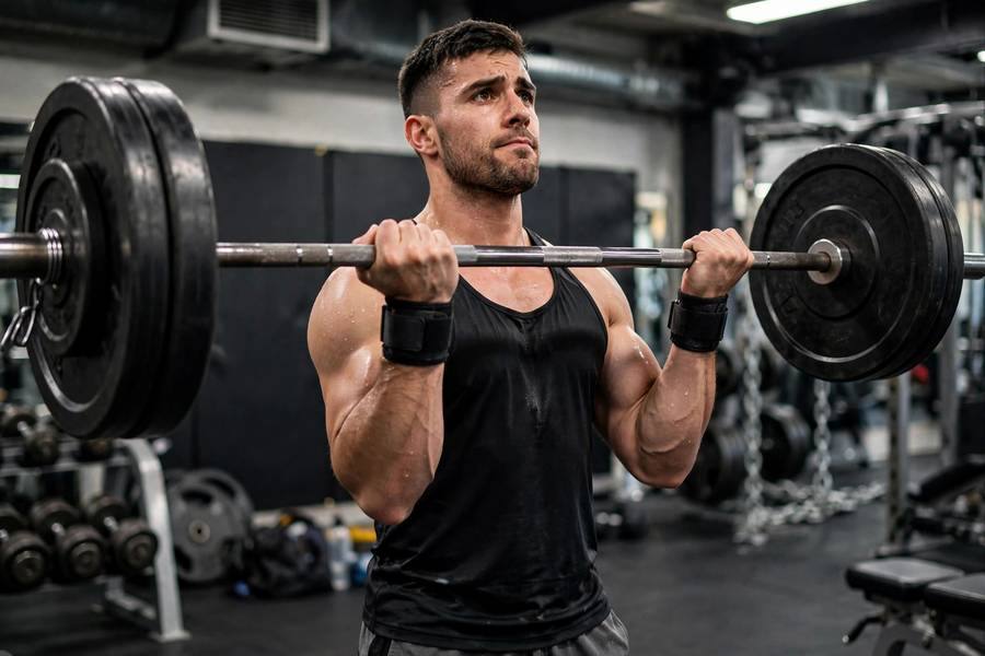 Athlete doing heavy barbell curls for arm size