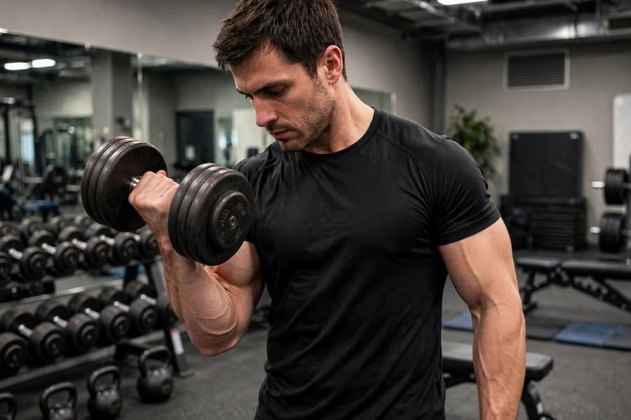 Man with developed arms doing a dumbbell workout