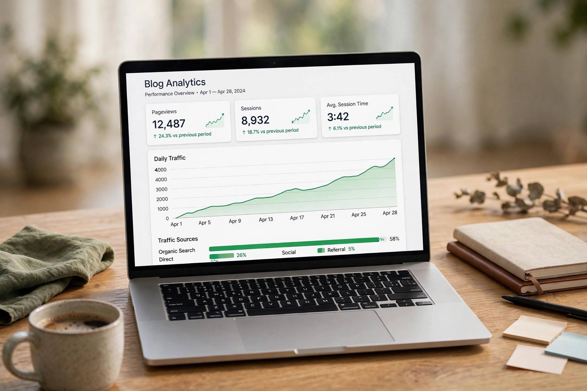A laptop showing a blog analytics dashboard with rising traffic graphs