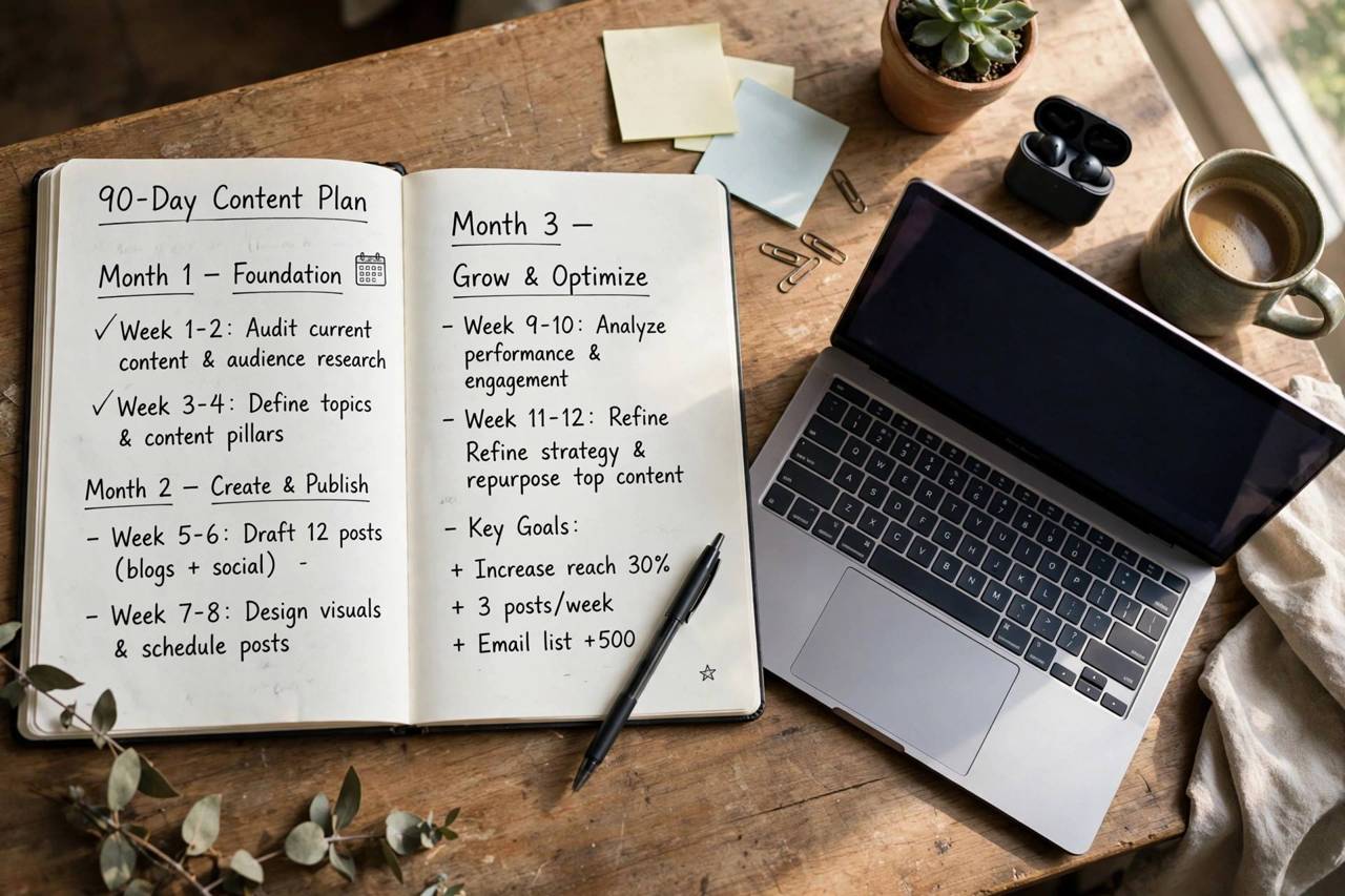 A desk with a notebook showing a 90-day content plan next to a laptop
