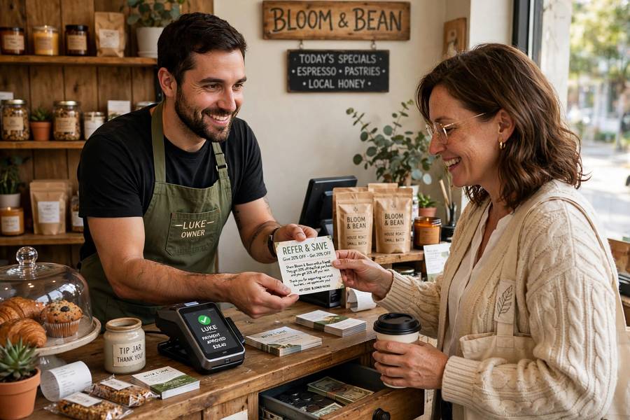 Handing out a referral card, a simple system for how to get business referrals