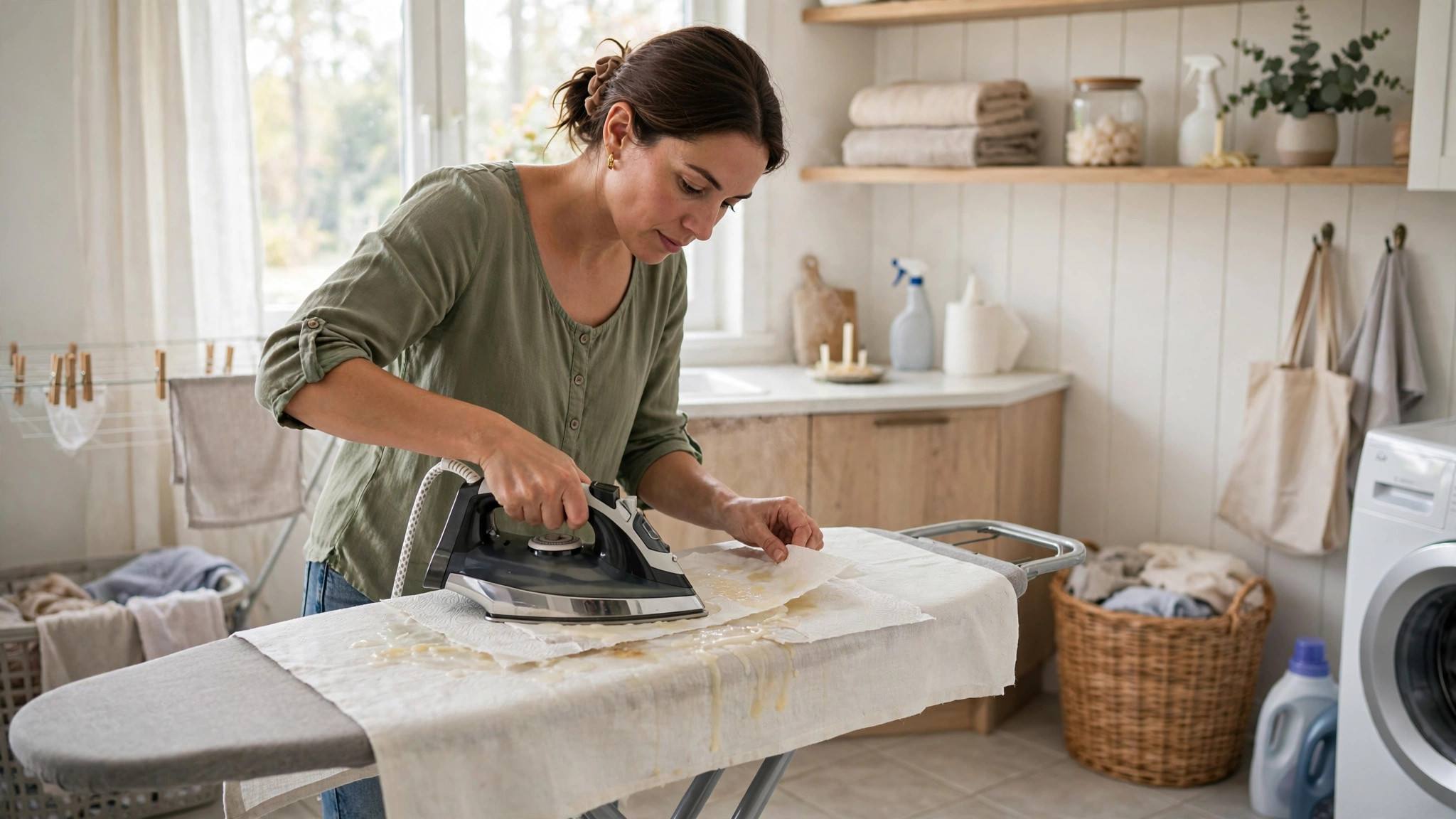 Woman in a modest long-sleeve top ironing a tablecloth through paper towels to remove melted candle wax