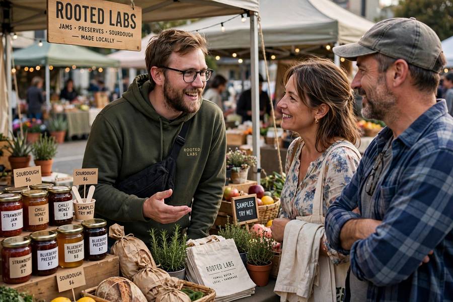 Meeting prospects face to face at a market, a proven way for how to get first customers for small business