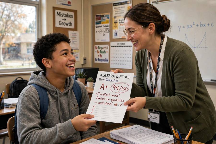 Student receiving top grades on a test paper in class
