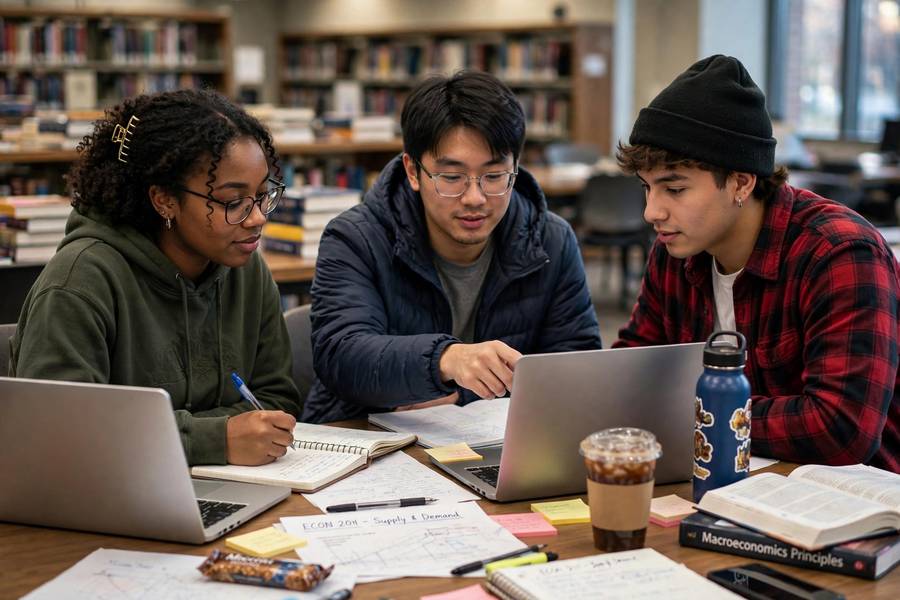 Study group collaborating in the library as a habit for getting good grades