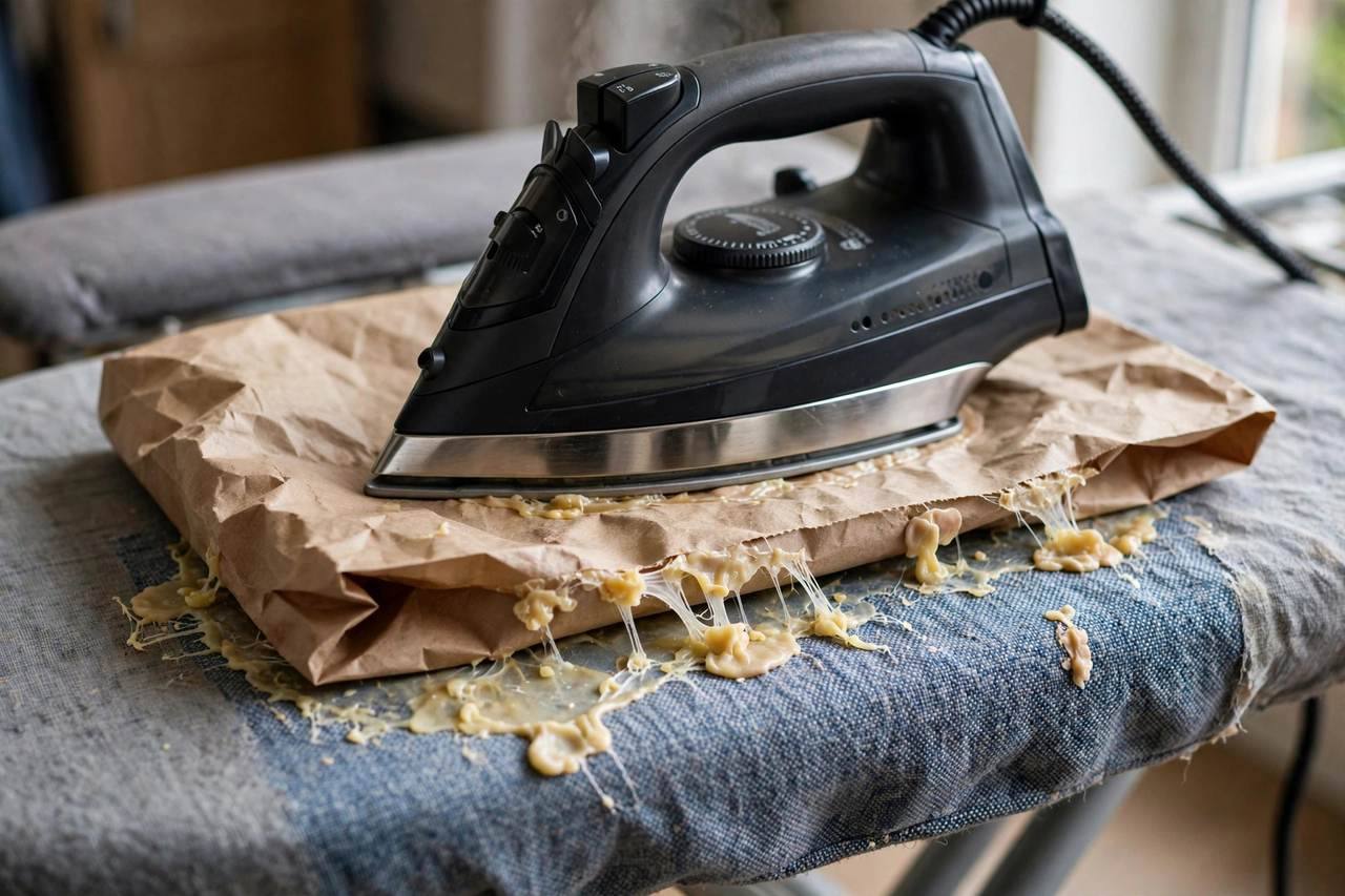 Iron pressing over a brown paper bag on fabric to lift melted gum residue