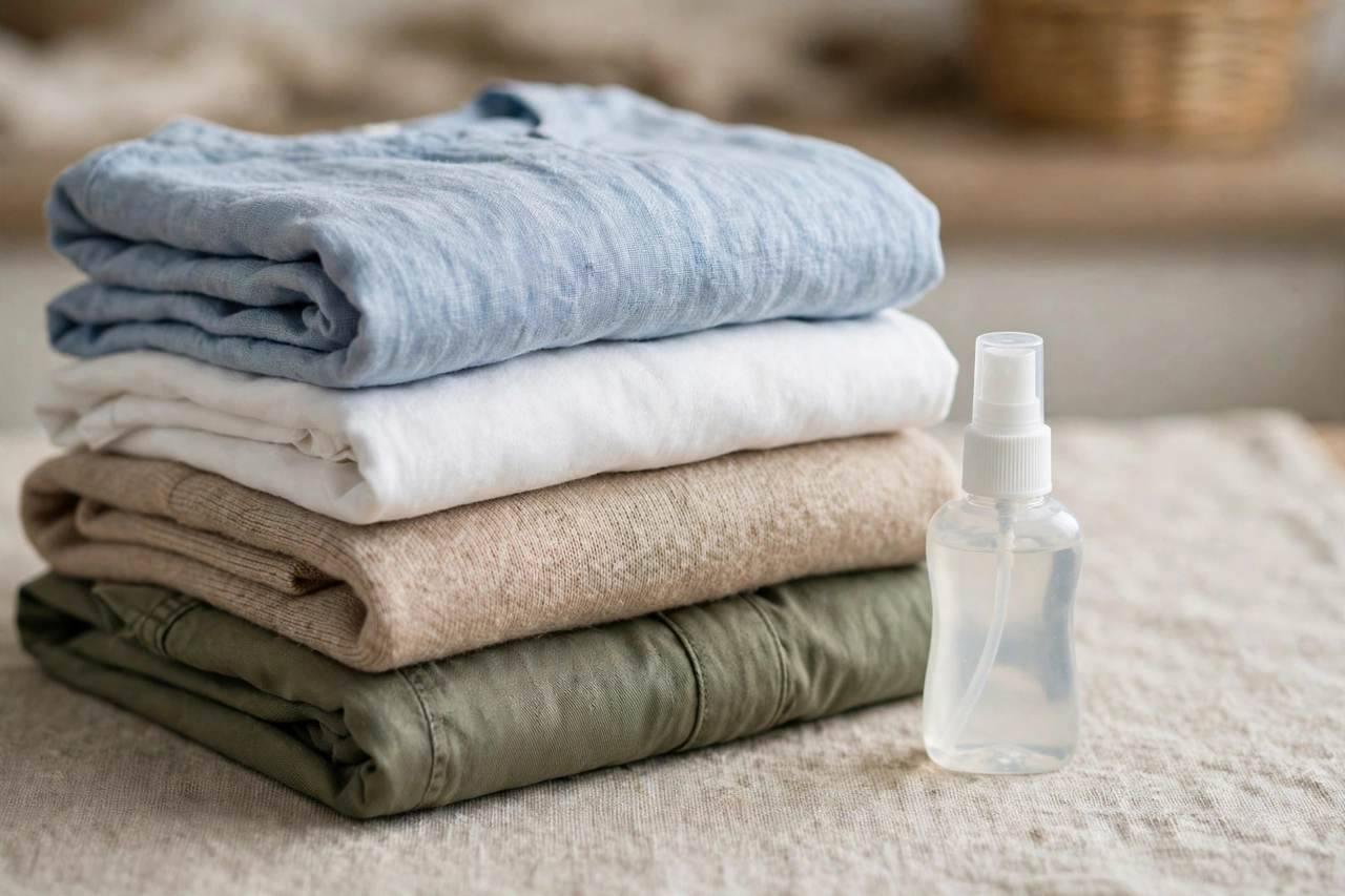 Neatly folded clean clothes stack with a small bottle of stain remover beside it
