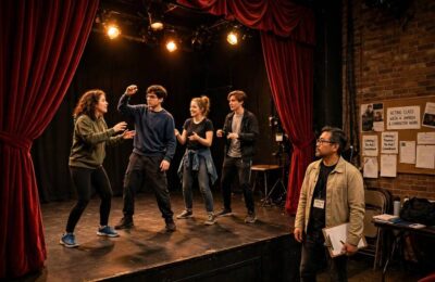 Students in an acting class performing an exercise on stage