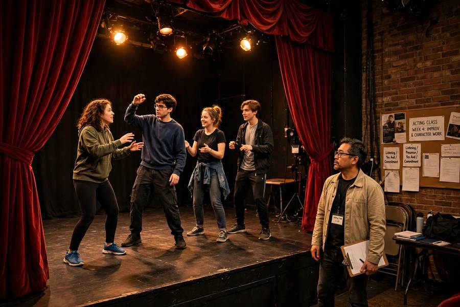 Students in an acting class performing an exercise on stage