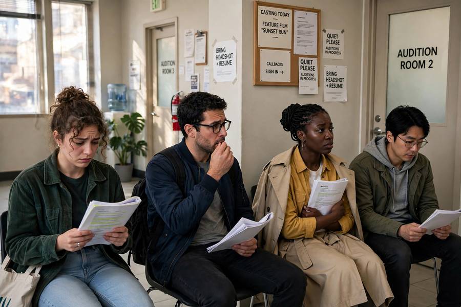 Actors waiting with scripts in a casting office hallway