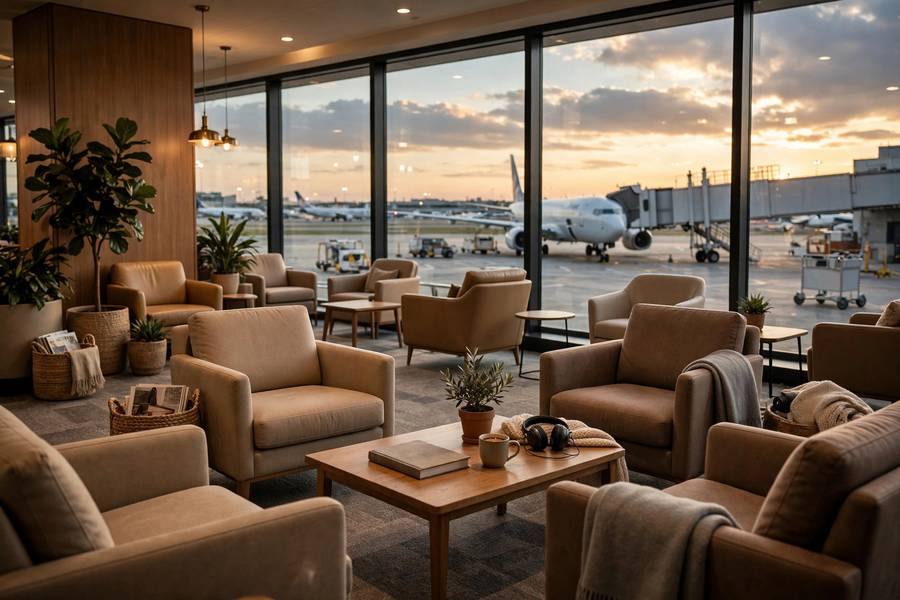 Luxury airport lounge interior with comfortable seating areas