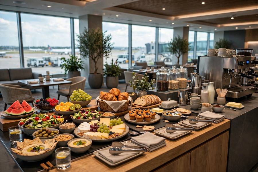 Airport lounge buffet with fresh food and coffee station