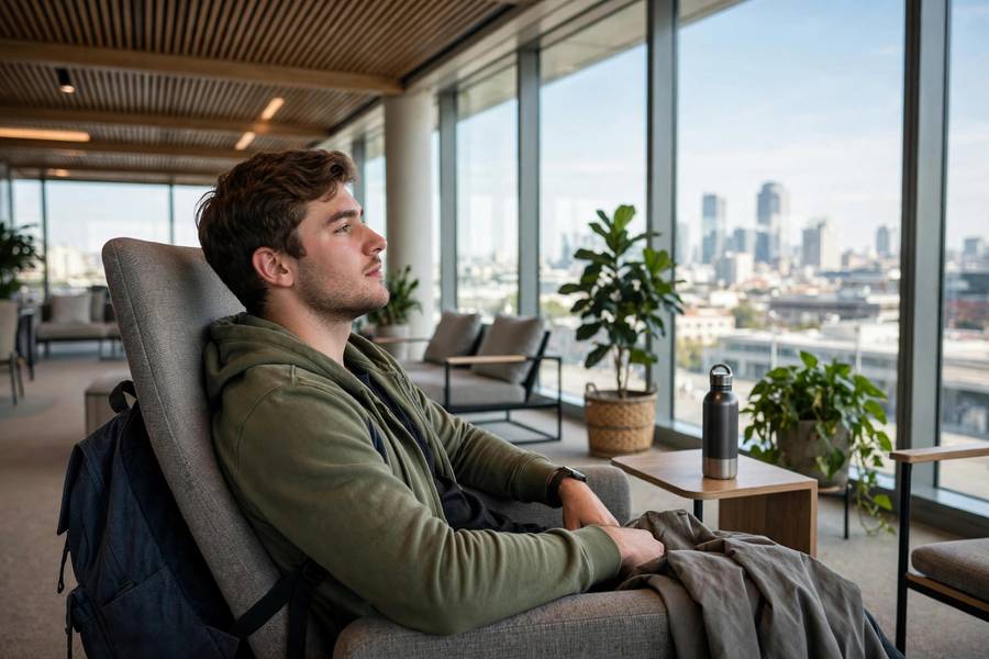 Traveler relaxing in airport lounge with city view windows