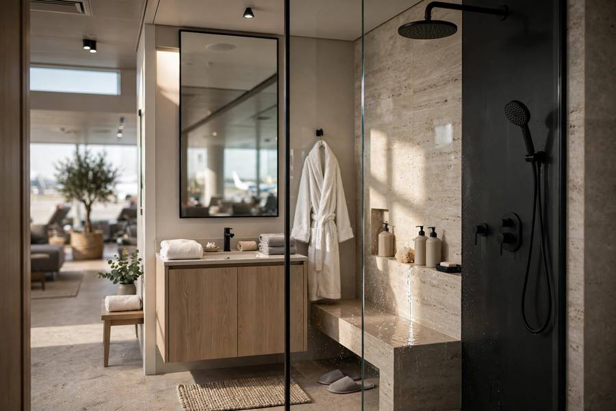 Airport lounge shower suite with modern amenities