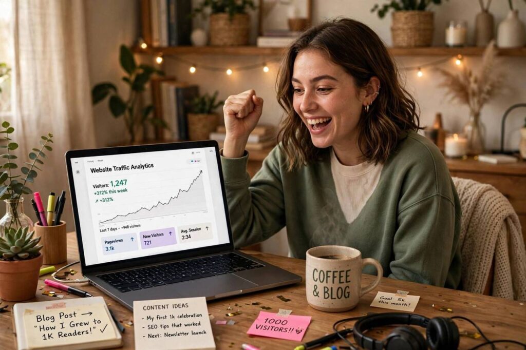 New blogger celebrating growing website traffic at a cozy home desk setup