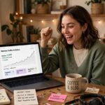 New blogger celebrating growing website traffic at a cozy home desk setup