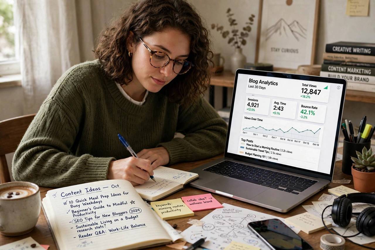 Blogger writing at a desk with laptop showing blog analytics dashboard and notebook with content ideas