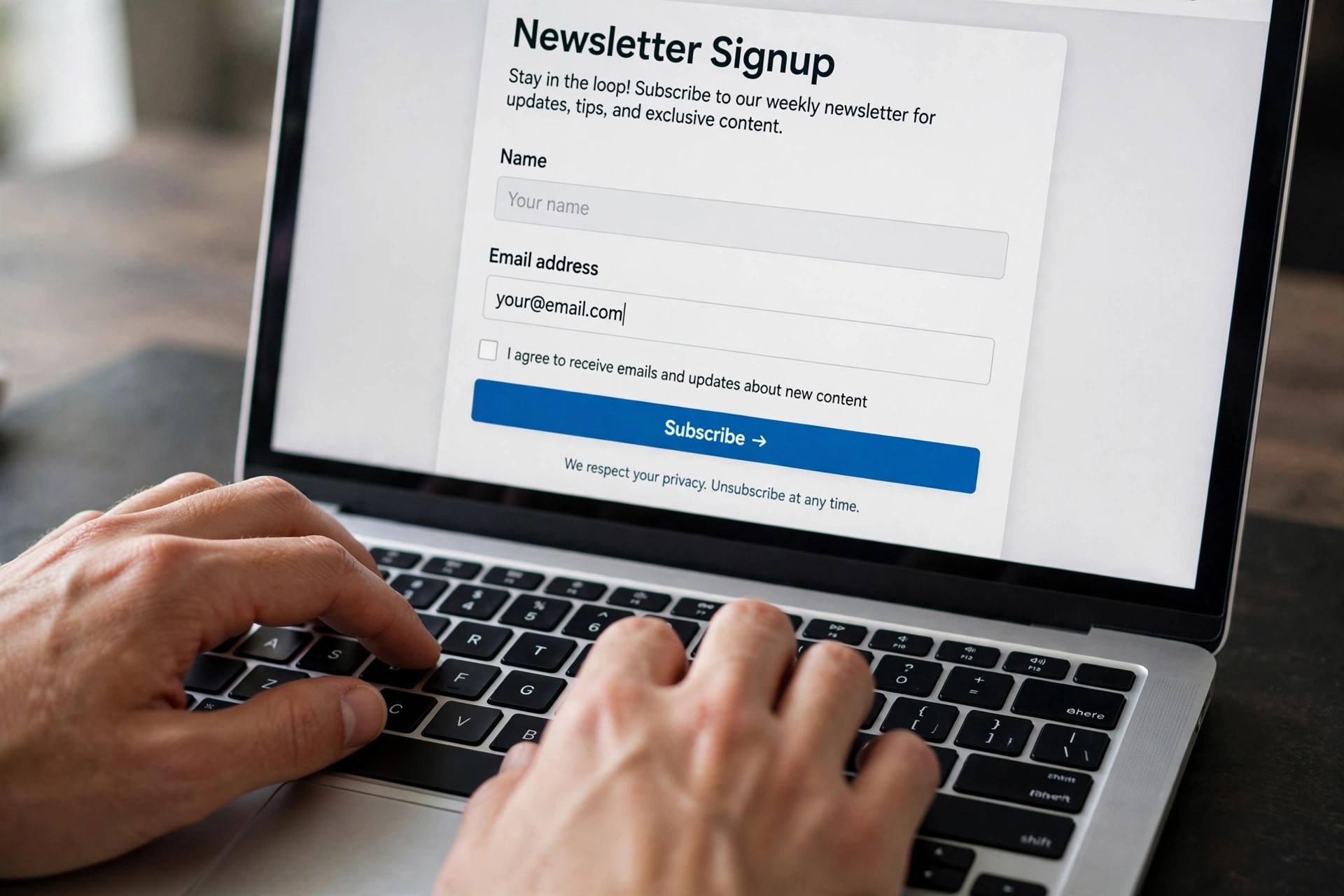 Close-up of hands typing on laptop with email newsletter signup form visible on screen