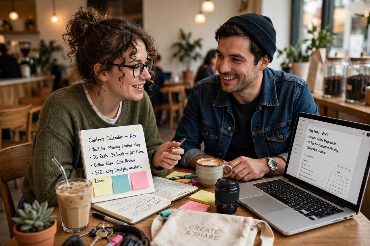 Two bloggers collaborating over coffee with laptops open, planning content together